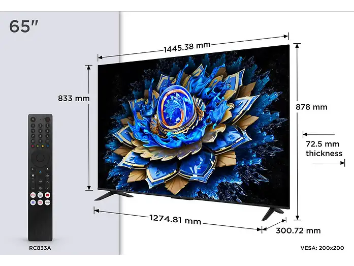 TV QLED 65 - TCL 65T69C, UHD 4K, Procesador AiPQ, Smart TV, DVB-T2, Negro