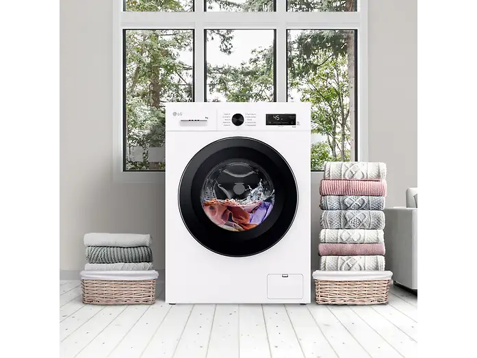 Lavadora carga frontal - LG F4X1009NWK, 9 kg, 1400 rpm, 10 programas, AI Direct Drive, ThinQ, Blanco Marfil