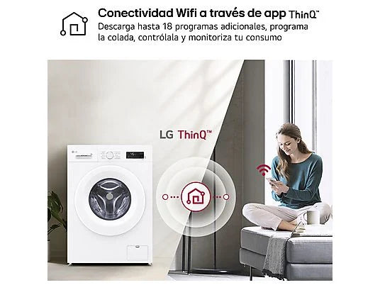 Lavadora carga frontal - LG F4X1008NWH, 8 kg, 1400 rpm, 10 programas, AI Direct Drive, ThinQ, Blanco Marfil