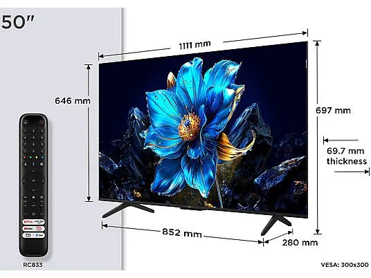 TV QLED 50" - TCL 50P7K, UHD 4K, AiPQ Processor, Smart TV, DVB-T2, 60 Hz, Pantalla HVA, Dolby Atmos, Negro