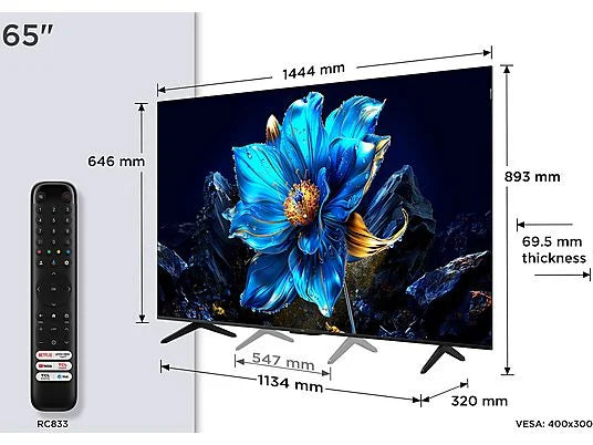 TV QLED 65" - TCL 65P7K, UHD 4K, AiPQ Processor, Smart TV, DVB-T2, 60 Hz, Pantalla HVA, Dolby Atmos, Negro