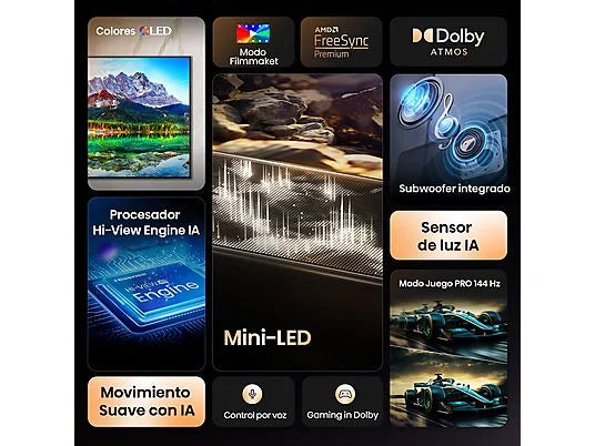 TV Mini LED 65 - Hisense 65E8Q, UHD 4K, 144 Hz, Hi-View Engine, Escalador HDR IA, Subwoofer integrado, Negro
