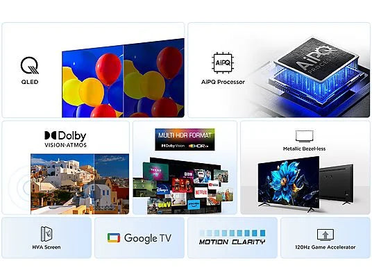 TV QLED 75 - TCL 75P7K, UHD 4K, AiPQ Processor, Smart TV, DVB-T2, 60 Hz, Pantalla HVA, Dolby Atmos, Negro